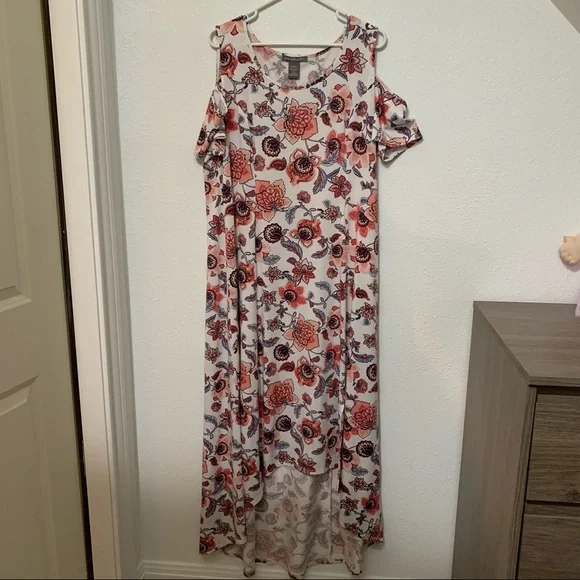 Kate & Mallory Dresses | Kate and Mallory Flower Print White Long Dress with Cold Shoulder | Color: Pink/White | Size: XL | Truestreasures's Closet